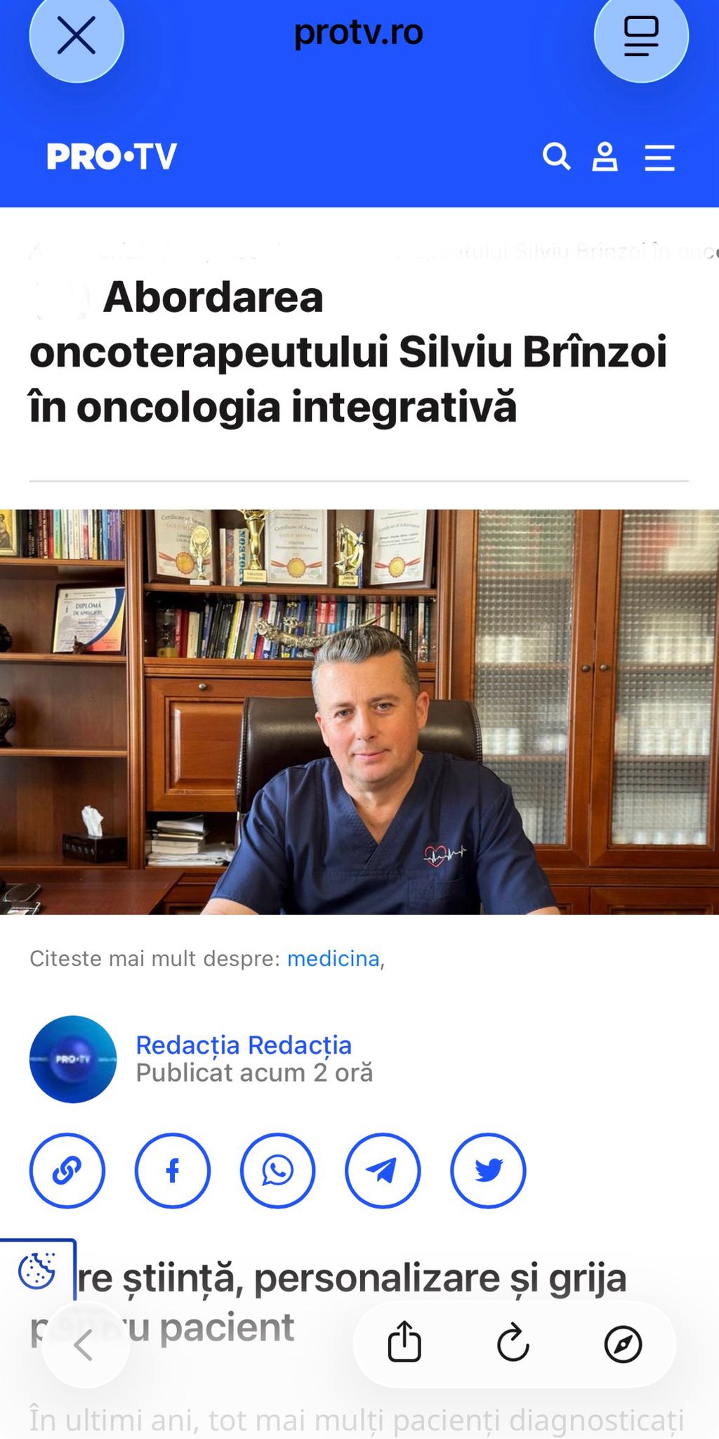 Articol PROTV oncoterapeut Silviu Brinzoi
