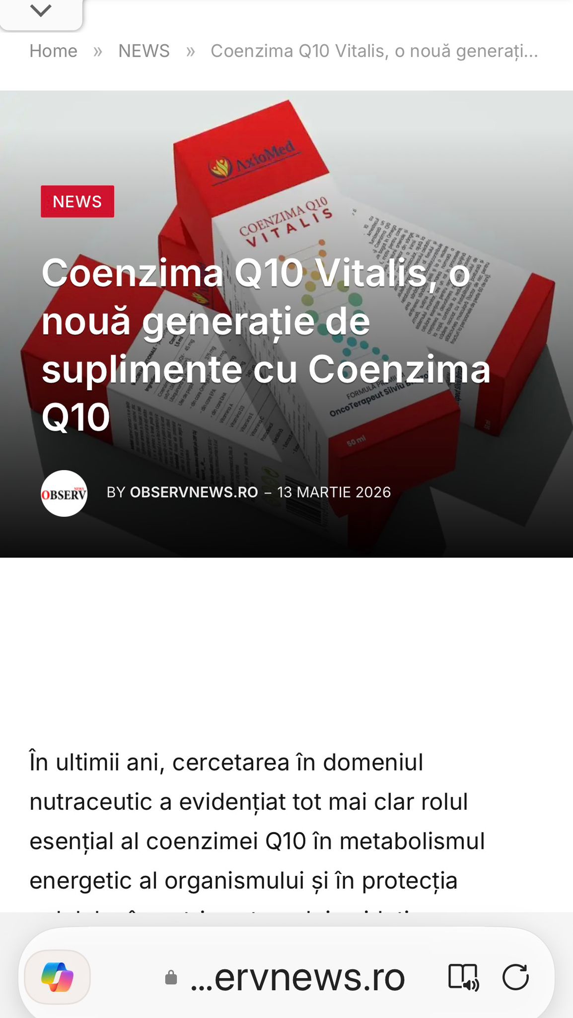 Coenzima Q10 Vitalis AxioMed articol in presa